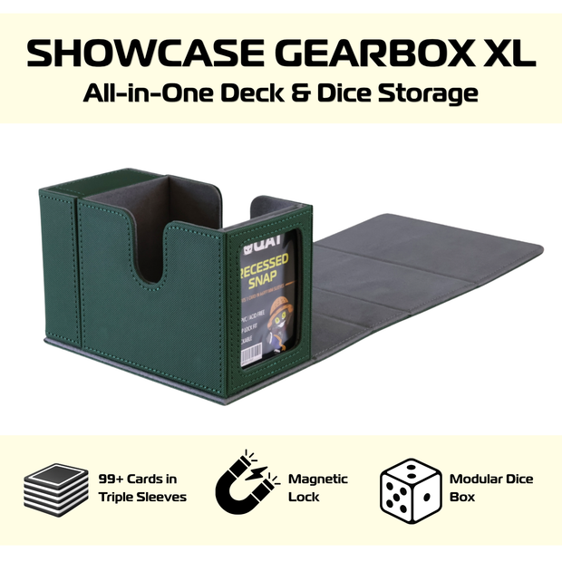 QAT Showcase Gearbox XL. Includes dice compartment and 1 recessed snap. For 100 triple sleeved cards