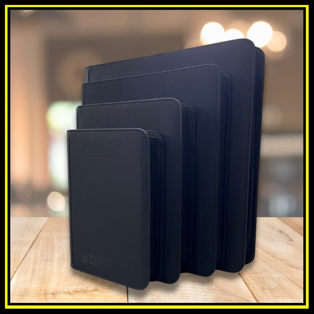 QAT Premium 12-Pocket Card Binder.  Leather material with zipper closure.  Side loading.